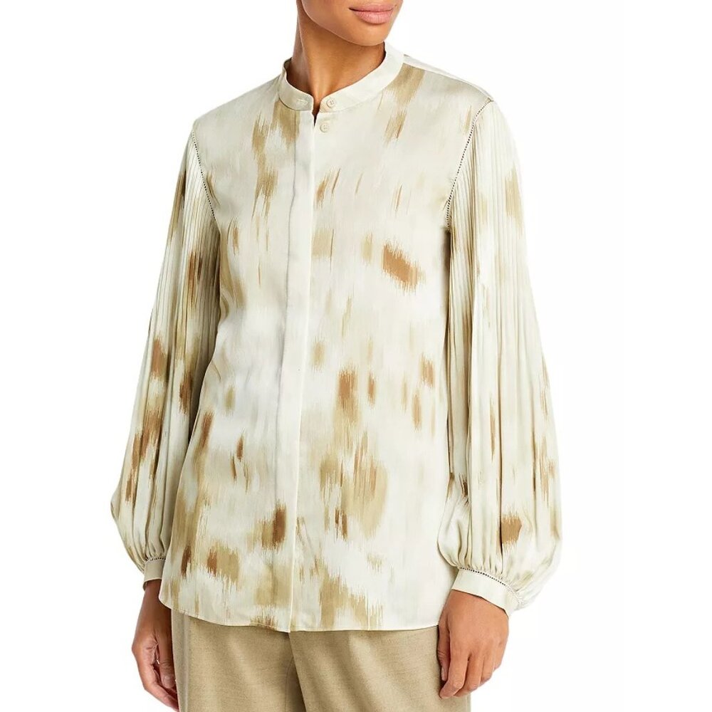 Lafayette 148 Layla Natural Pistachio Button Down Puff Sleeves Satin Shirt XL